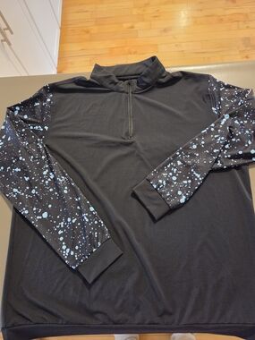 Black Quarter-Zip Pullover with Blue Paint-Splatter Sleeves